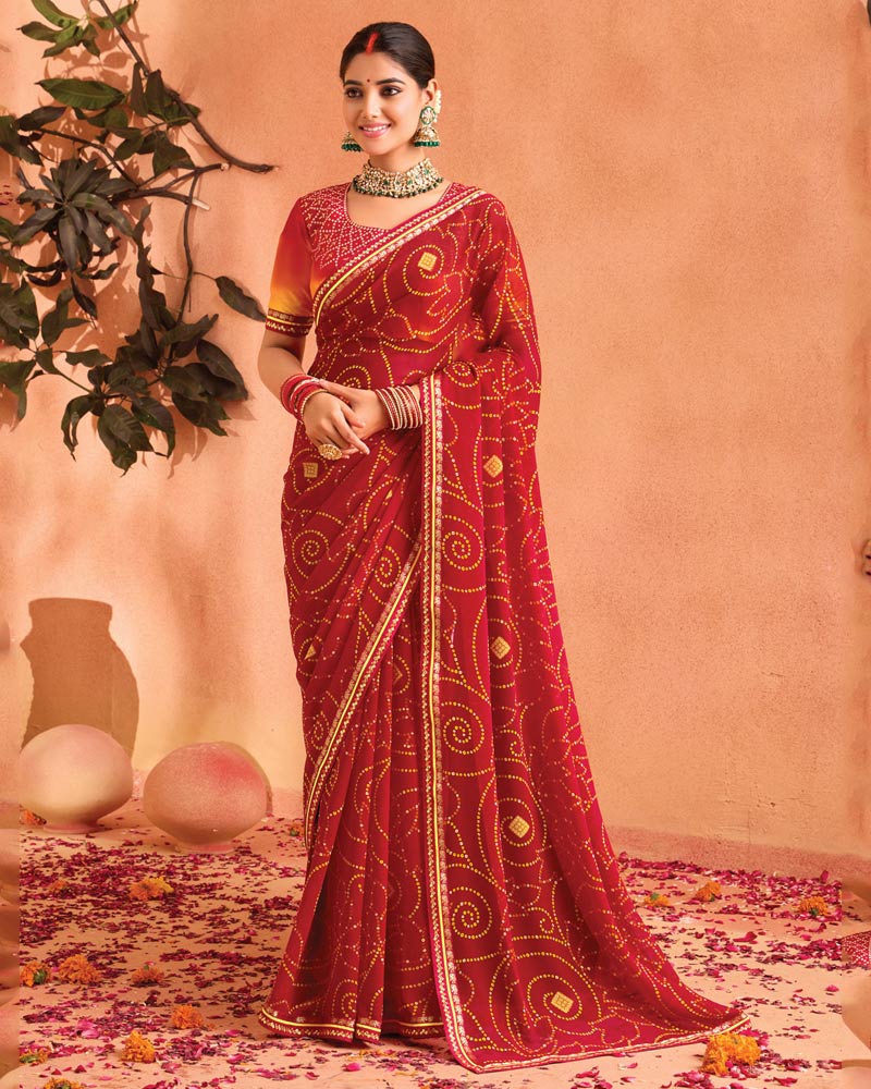 Vishal Prints Dark Red Bandhani Print Georgette Saree With Foil Print And Fancy Border