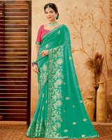 Vishal Prints Dark Mint Green Designer Fancy Chiffon Saree With Foil Print And Border