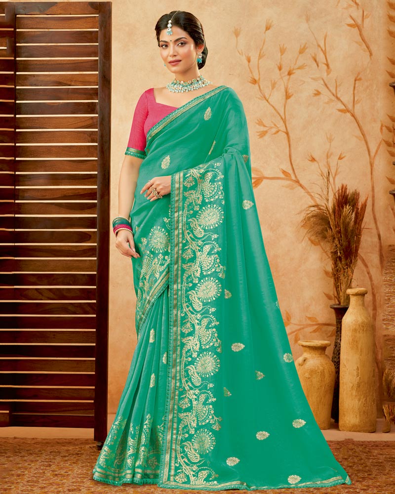 Vishal Prints Dark Mint Green Designer Fancy Chiffon Saree With Foil Print And Border