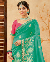 Vishal Prints Dark Mint Green Designer Fancy Chiffon Saree With Foil Print And Border