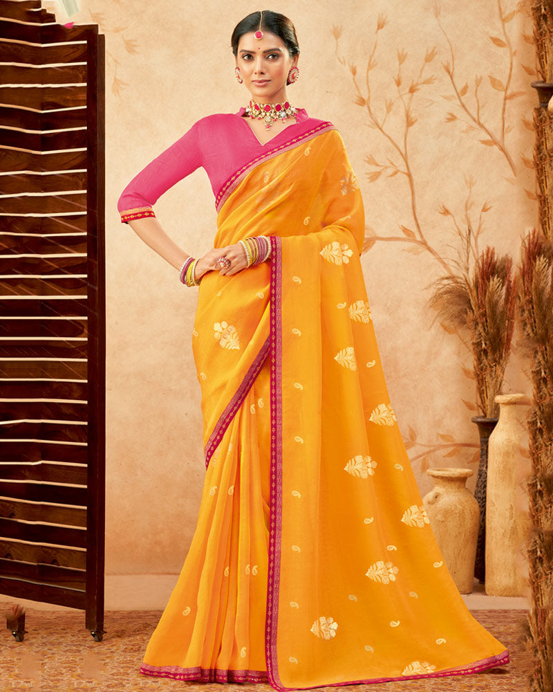 Vishal Prints Mustard Designer Fancy Chiffon Saree With Foil Print And Border