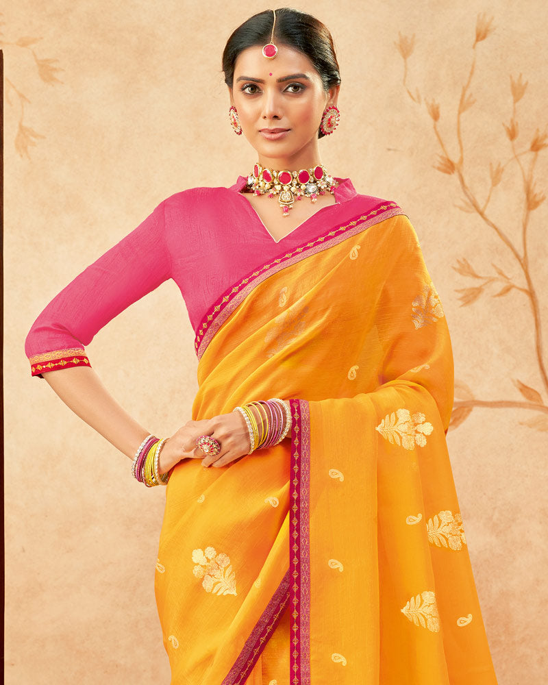 Vishal Prints Mustard Designer Fancy Chiffon Saree With Foil Print And Border