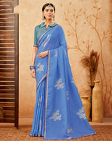 Vishal Prints Dark Pastel Blue Designer Fancy Chiffon Saree With Foil Print And Border