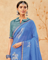 Vishal Prints Dark Pastel Blue Designer Fancy Chiffon Saree With Foil Print And Border