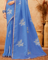 Vishal Prints Dark Pastel Blue Designer Fancy Chiffon Saree With Foil Print And Border