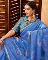 Vishal Prints Dark Pastel Blue Designer Fancy Chiffon Saree With Foil Print And Border