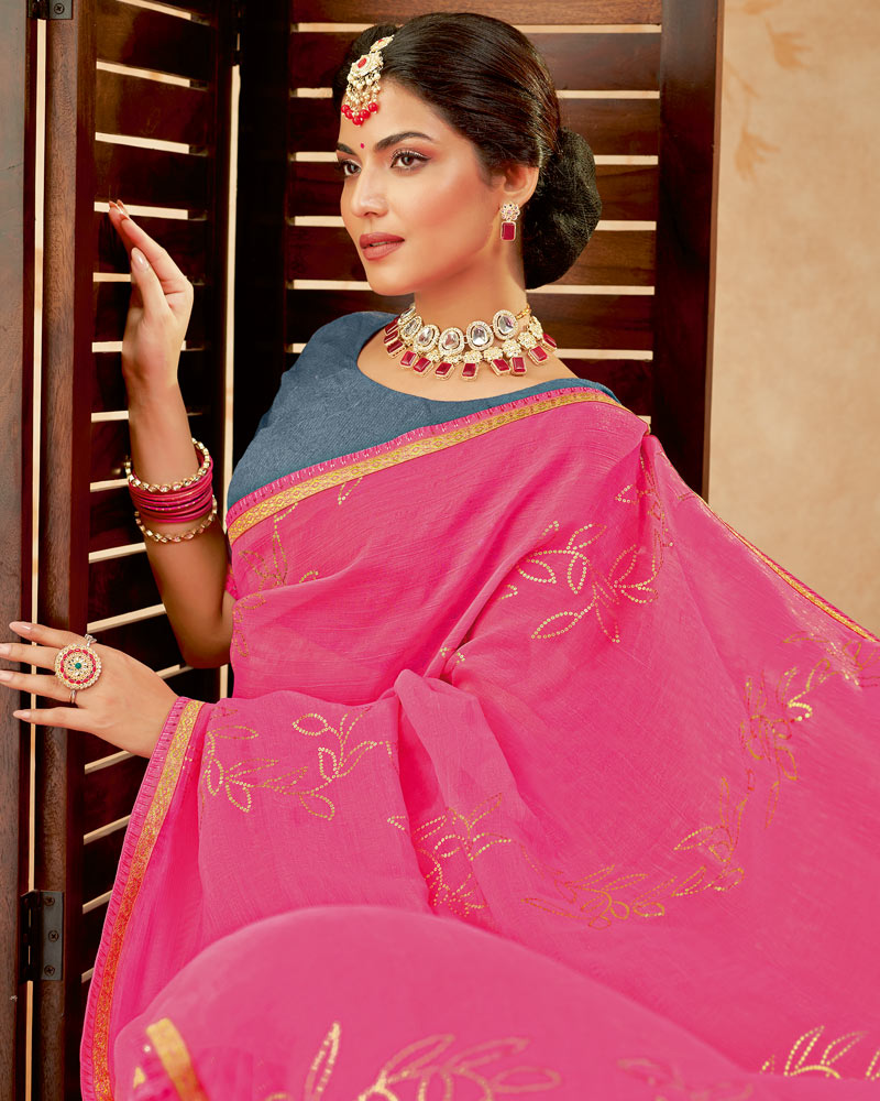 Vishal Prints Hot Pink Designer Fancy Chiffon Saree With Foil Print And Border