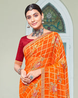 Vishal Prints Dark Orange Designer Brasso Saree With Foil Print And Zari Border