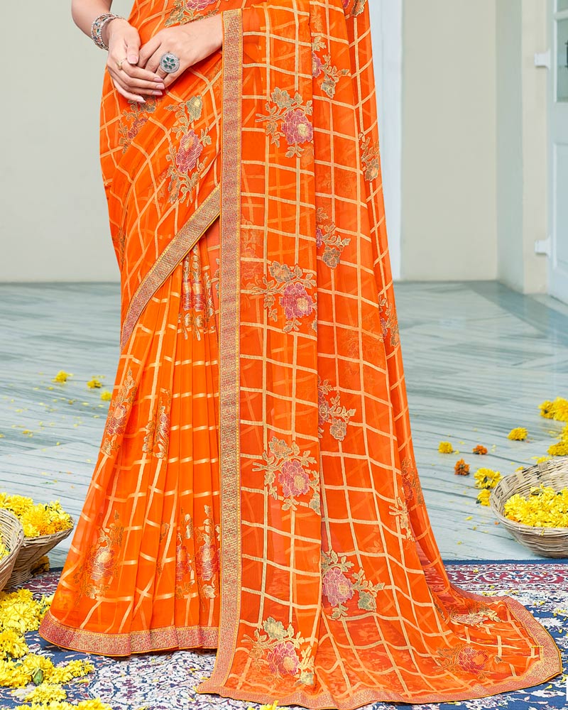 Vishal Prints Dark Orange Designer Brasso Saree With Foil Print And Zari Border