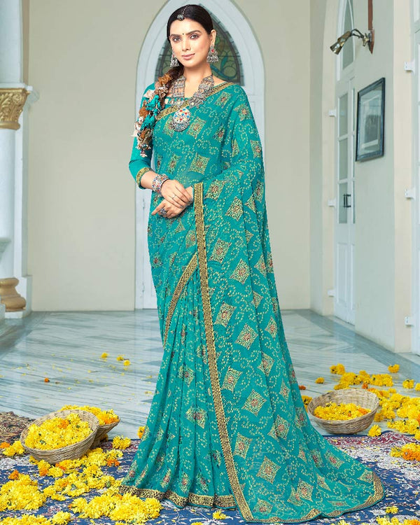 Vishal Prints Teal Blue Designer Brasso Saree With Foil Print And Zari Border