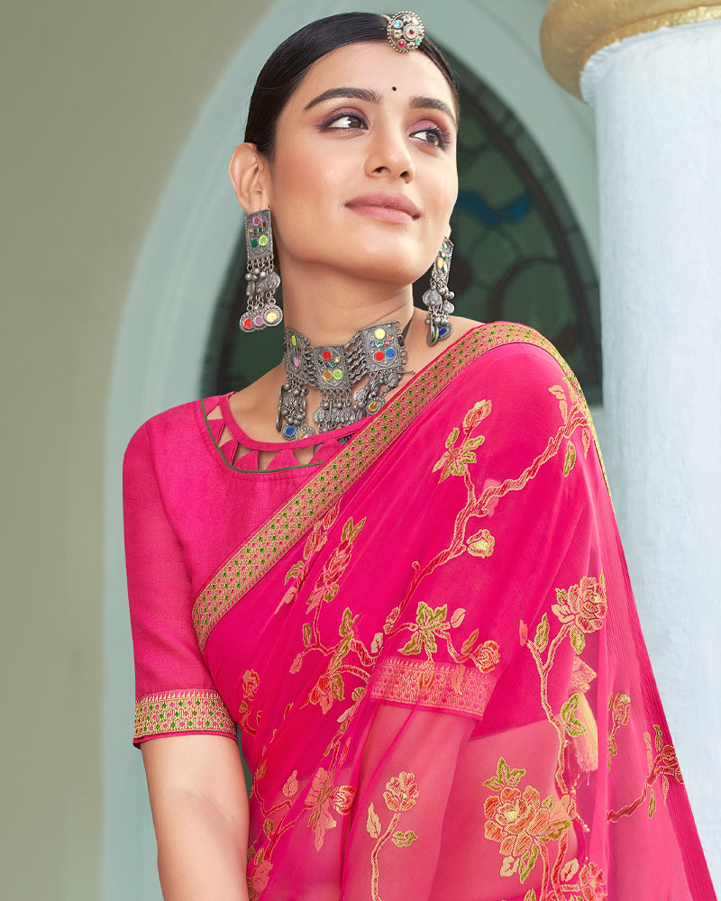 Vishal Prints Hot Pink Designer Brasso Saree With Foil Print And Zari Border