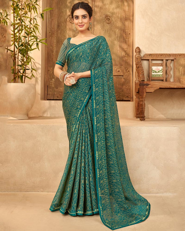 Vishal Prints Rama Green Designer Brasso Saree With Fancy Border