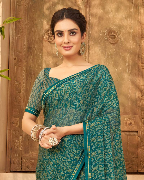 Vishal Prints Rama Green Designer Brasso Saree With Fancy Border