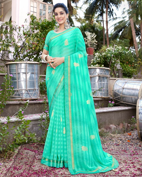 Vishal Prints Aqua Green Printed Georgette Saree With Foil Print And Border