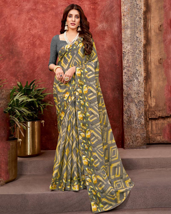 Vishal Prints Grey Fancy Chiffon Digital Print Saree With Core Piping