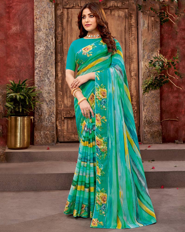 Vishal Prints Aqua Green Fancy Chiffon Digital Print Saree With Core Piping