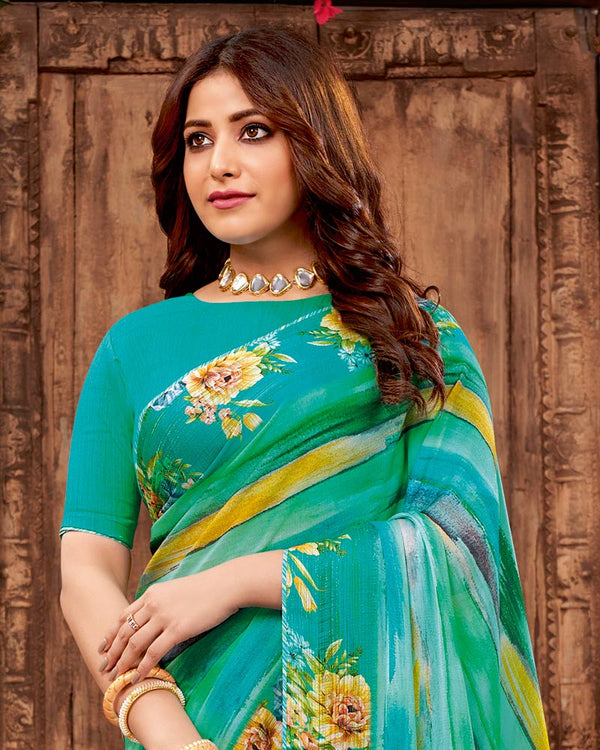 Vishal Prints Aqua Green Fancy Chiffon Digital Print Saree With Core Piping