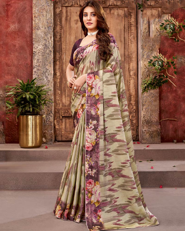 Vishal Prints Pastel Brown Fancy Chiffon Digital Print Saree With Core Piping