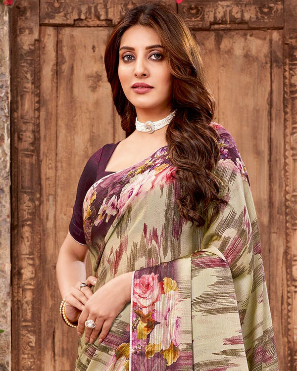 Vishal Prints Pastel Brown Fancy Chiffon Digital Print Saree With Core Piping