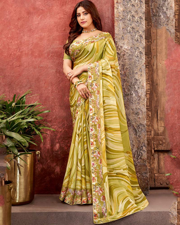 Vishal Prints Light Mehandi Green Fancy Chiffon Digital Print Saree With Core Piping