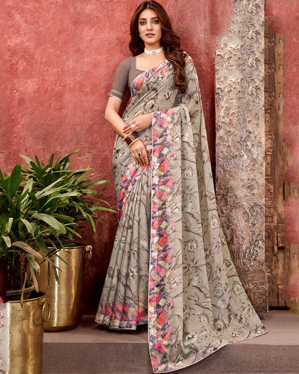 Vishal Prints Sand Grey Fancy Chiffon Digital Print Saree With Core Piping