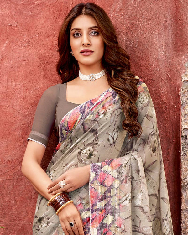 Vishal Prints Sand Grey Fancy Chiffon Digital Print Saree With Core Piping