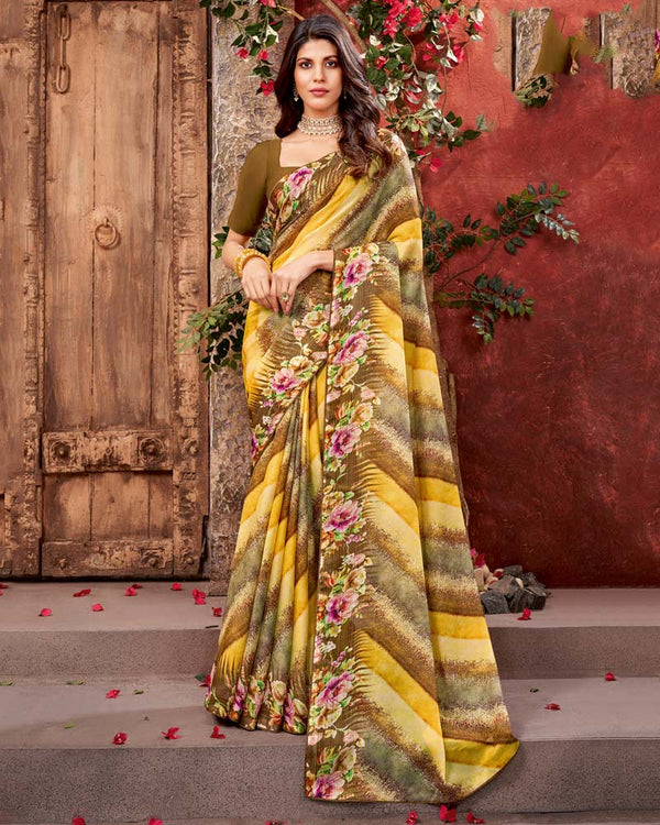 Vishal Prints Dark Yellow Fancy Chiffon Digital Print Saree With Core Piping