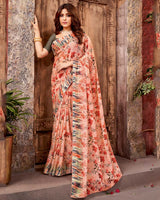 Vishal Prints Peach Fancy Chiffon Digital Print Saree With Core Piping