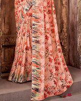 Vishal Prints Peach Fancy Chiffon Digital Print Saree With Core Piping