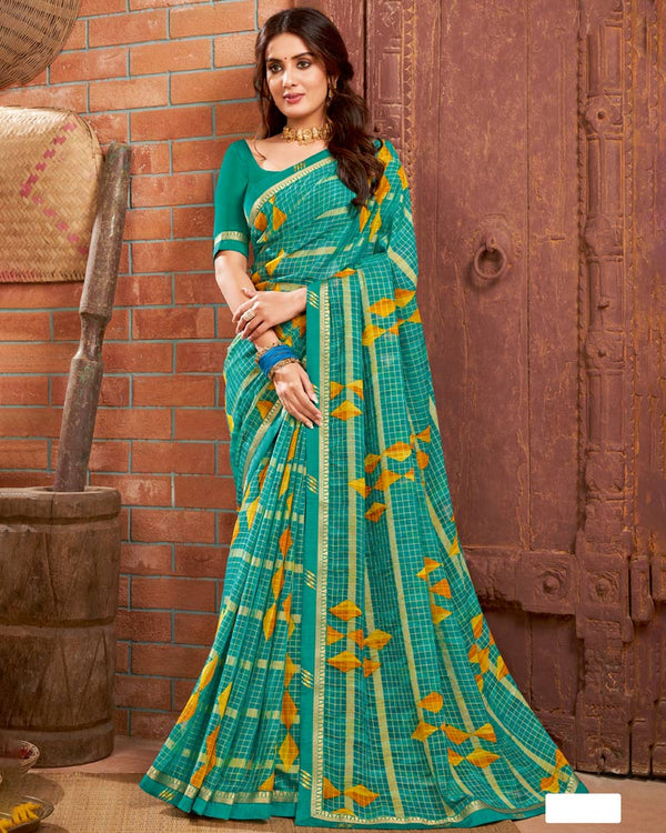 Vishal Prints Teal Green Printed Chiffon Saree With Border