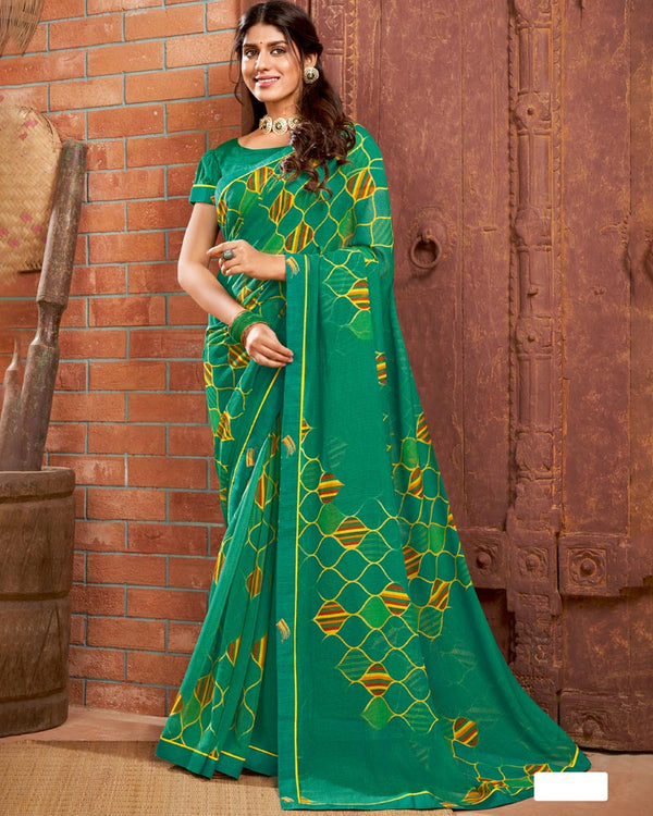 Vishal Prints Teal Green Printed Chiffon Saree With Border