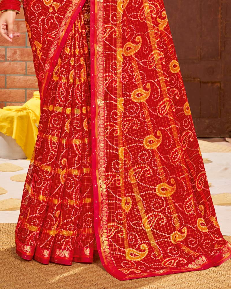Vishal Prints Dark Red Printed Chiffon Saree With Border