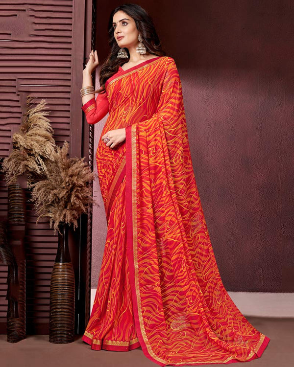 Vishal Prints Cherry Red Printed Georgette Saree With Fancy Border