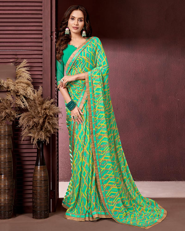 Vishal Prints Aqua Green Printed Georgette Saree With Fancy Border