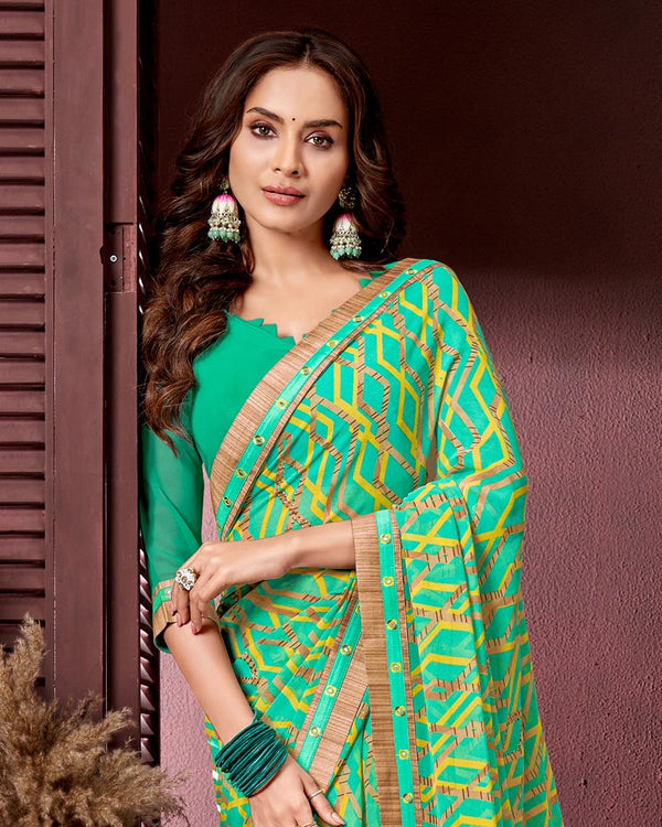 Vishal Prints Aqua Green Printed Georgette Saree With Fancy Border