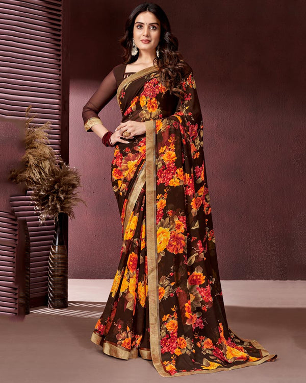 Vishal Prints Brown Printed Georgette Saree With Fancy Border