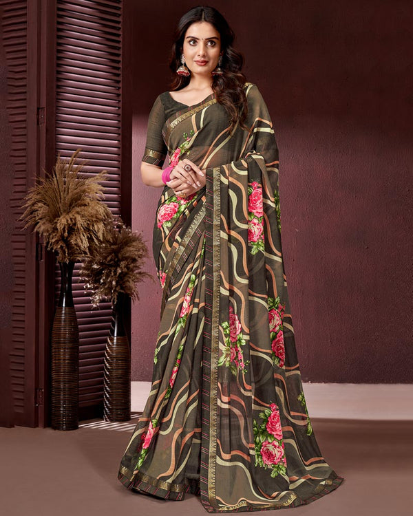 Vishal Prints Taupe Brown Printed Georgette Saree With Fancy Border