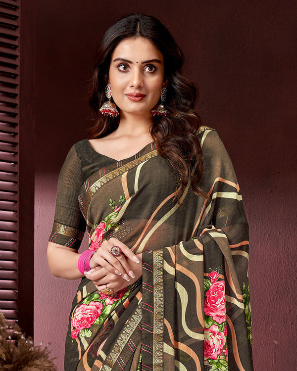 Vishal Prints Taupe Brown Printed Georgette Saree With Fancy Border