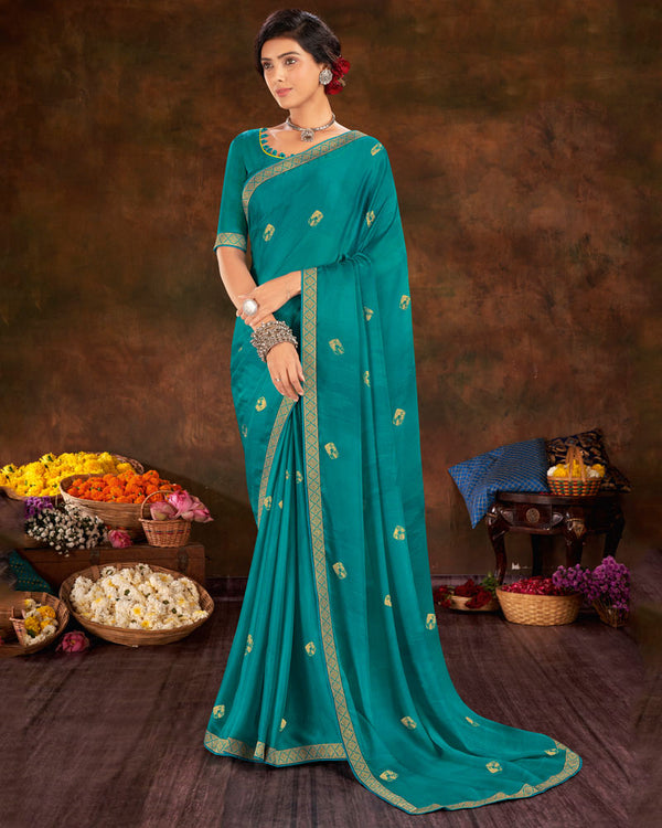 Vishal Prints Teal Blue Printed Chiffon Saree With Foil Print And Zari Border