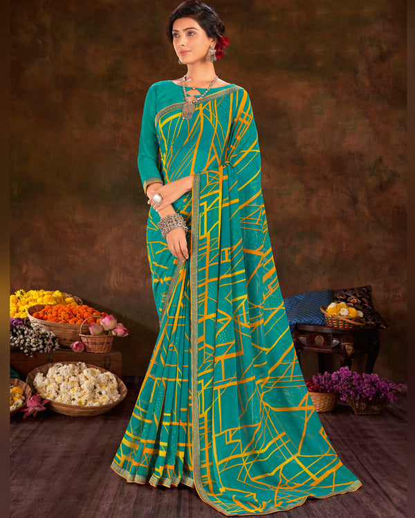 Vishal Prints Teal Blue Printed Georgette Saree With Foil Print And Zari Border