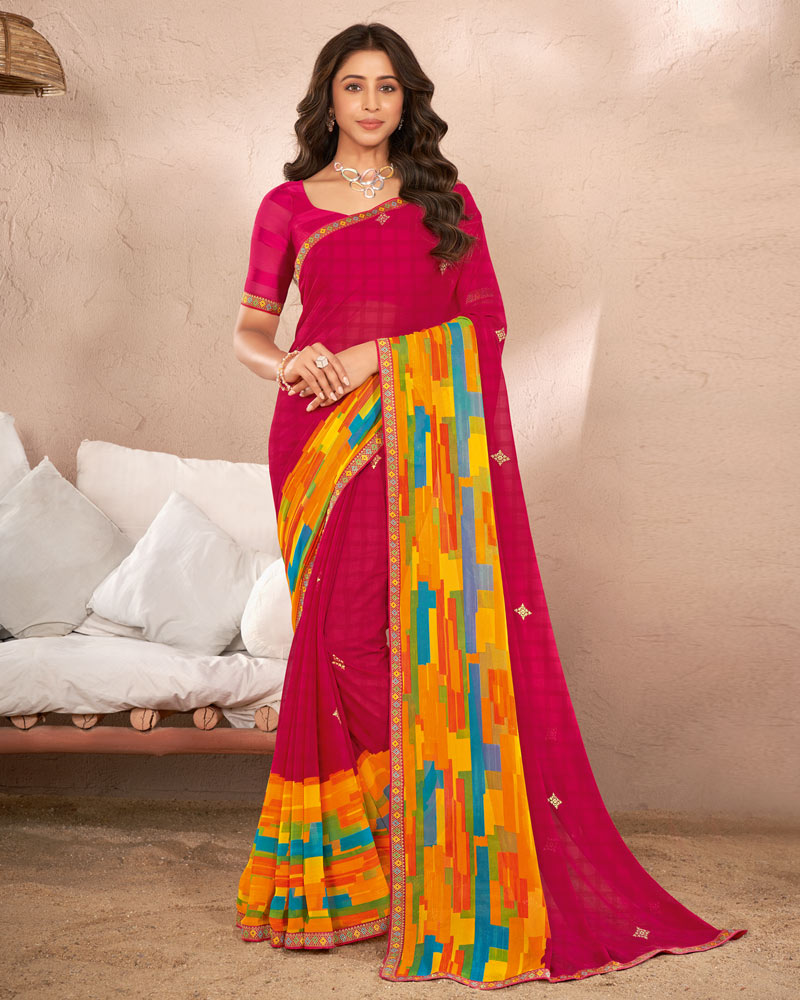 Vishal Prints Monza Pink Printed Georgette Saree With Foil Print And Fancy Border