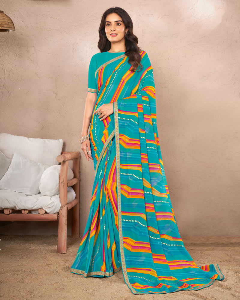 Vishal Prints Dark Turquoise Blue Printed Georgette Saree With Foil Print And Fancy Border