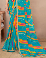 Vishal Prints Dark Turquoise Blue Printed Georgette Saree With Foil Print And Fancy Border