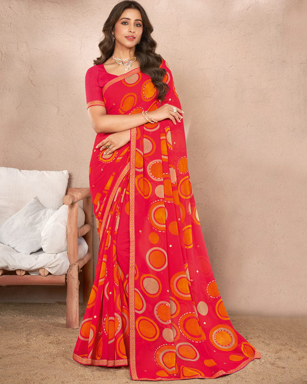 Vishal Prints Flame Red Printed Georgette Saree With Foil Print And Fancy Border