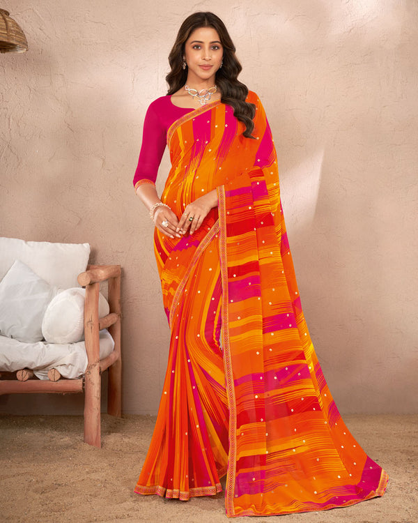 Vishal Prints Orange Printed Georgette Saree With Foil Print And Fancy Border