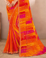 Vishal Prints Orange Printed Georgette Saree With Foil Print And Fancy Border