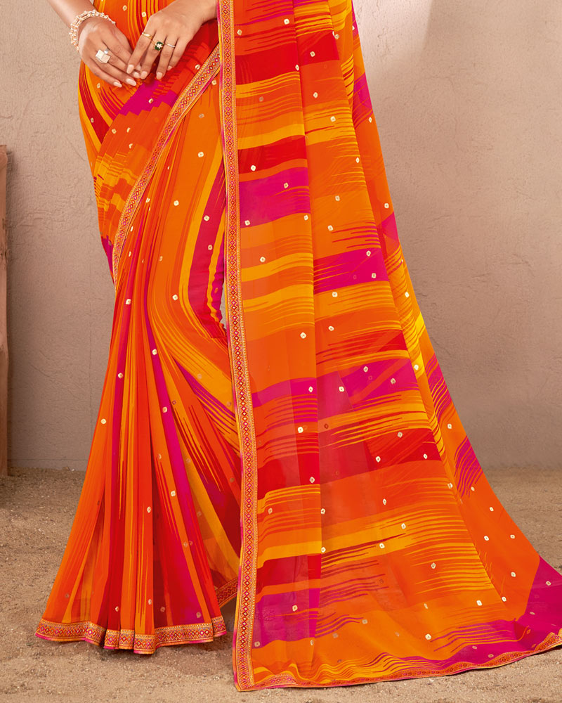 Vishal Prints Orange Printed Georgette Saree With Foil Print And Fancy Border