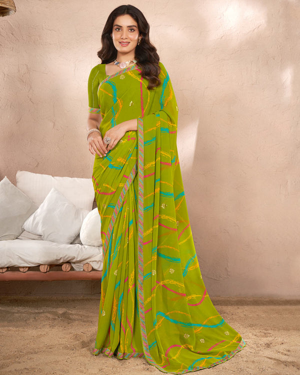 Vishal Prints Olive Green Printed Georgette Saree With Foil Print And Fancy Border