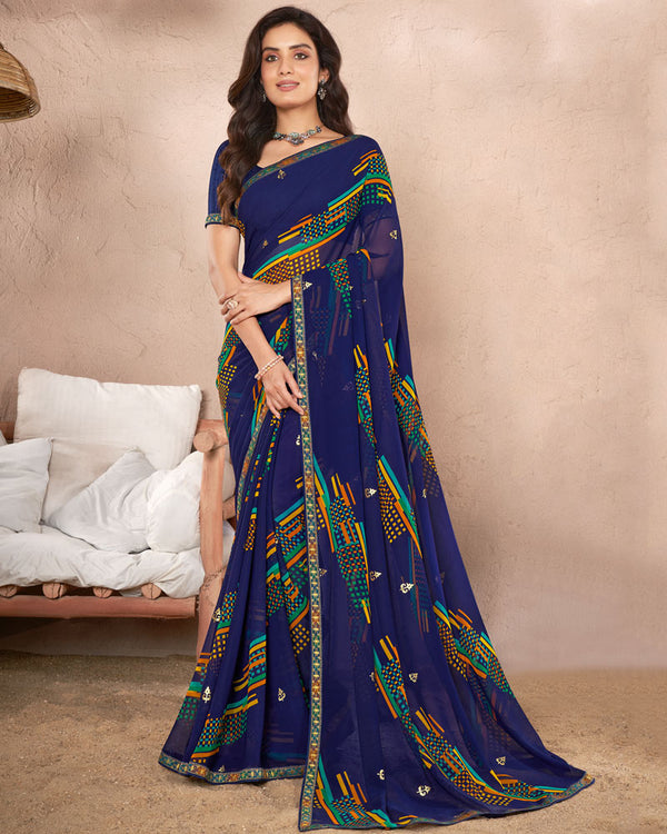 Vishal Prints Navy Blue Printed Georgette Saree With Foil Print And Fancy Border