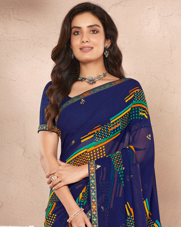 Vishal Prints Navy Blue Printed Georgette Saree With Foil Print And Fancy Border